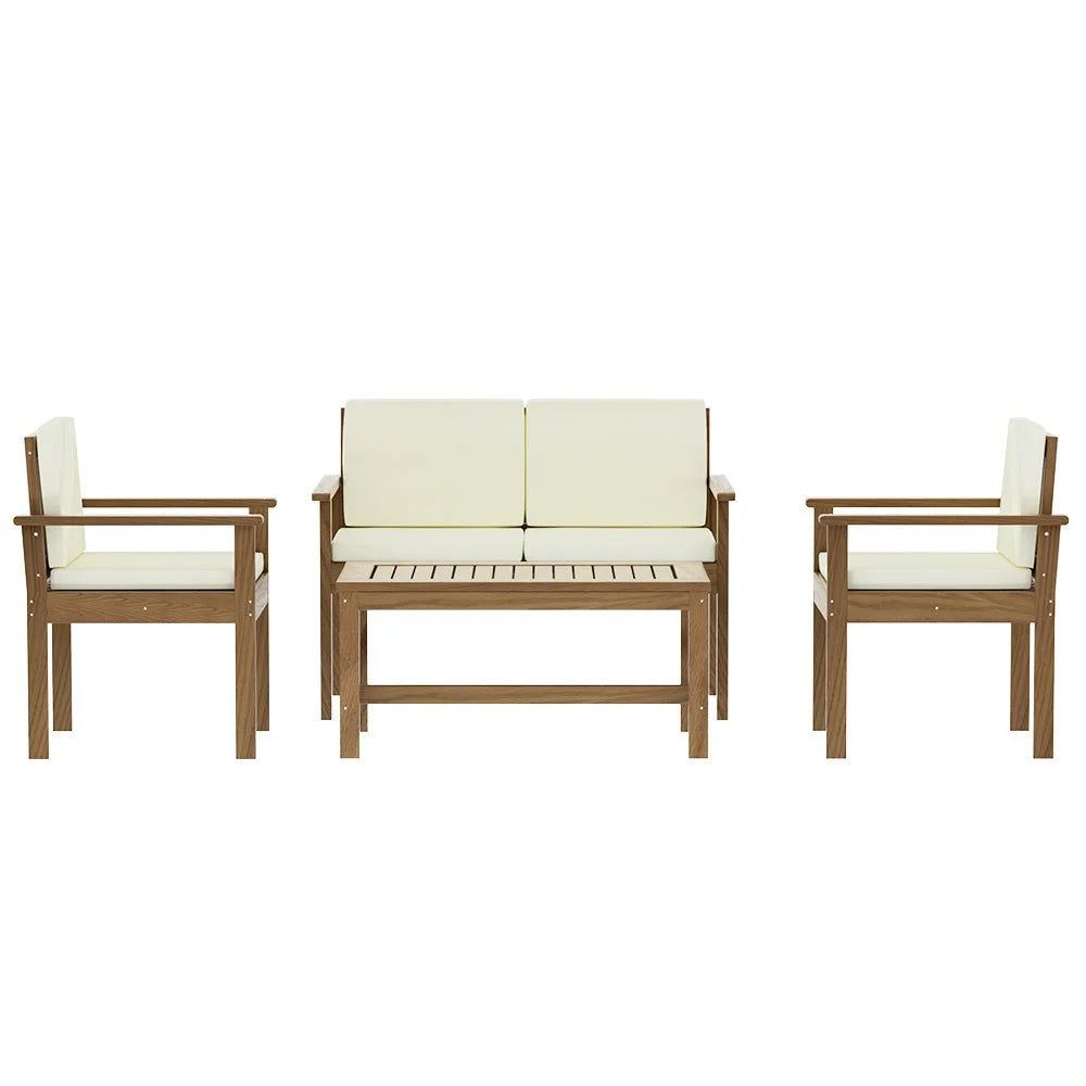 Wooden outdoor sofa set with seat cushions and low coffee table