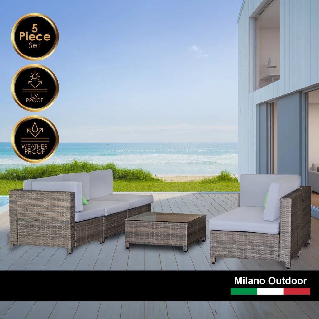 Outdoor Sofa Set 5PC Rattan Oatmeal Black Coating - Milano Outdoor