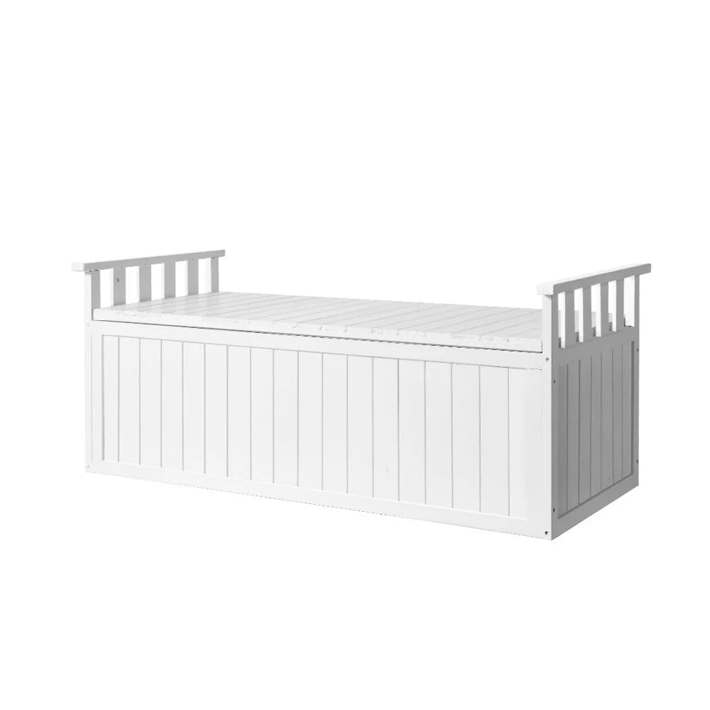 White wooden 129cm outdoor storage bench with box toy chest sheds