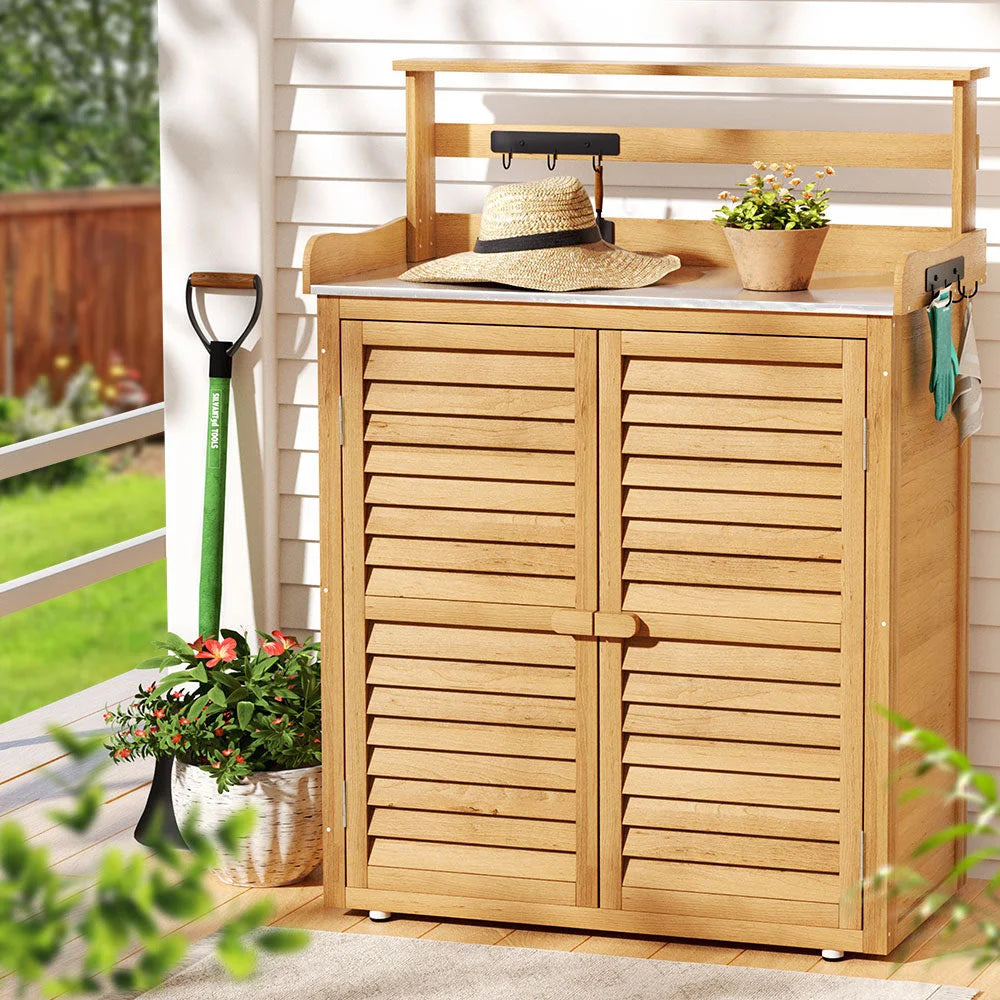 Outdoor Storage Cabinet Box Potting Bench Table Shelf Chest