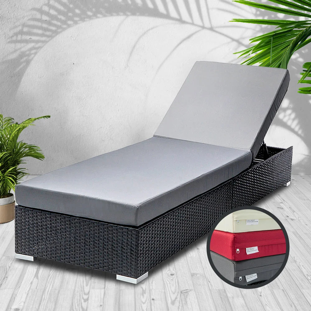 Black wicker outdoor sun lounge with useful parts and product scale