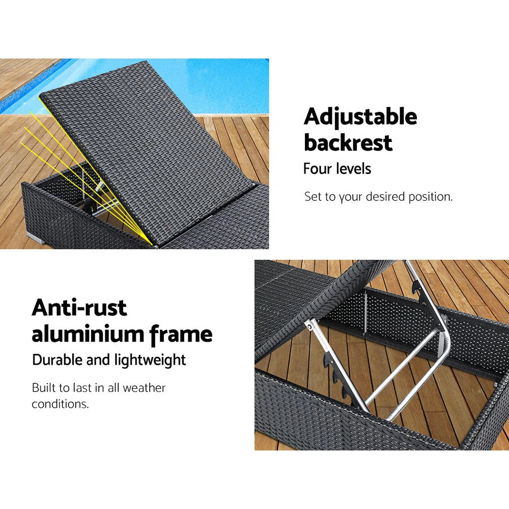 Black wicker outdoor sun lounge with cover fabric and edge stitching