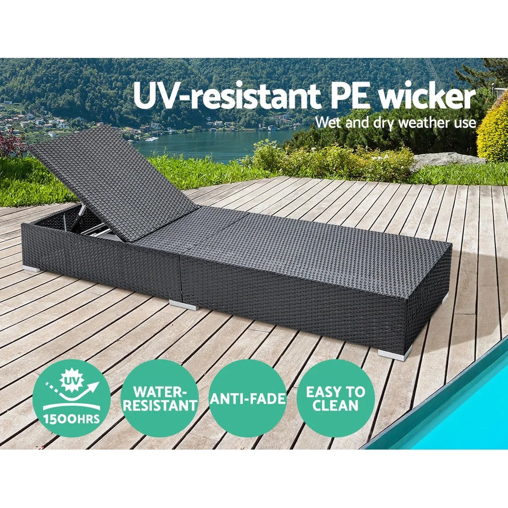 Black wicker outdoor sun lounge with colour and construction cues
