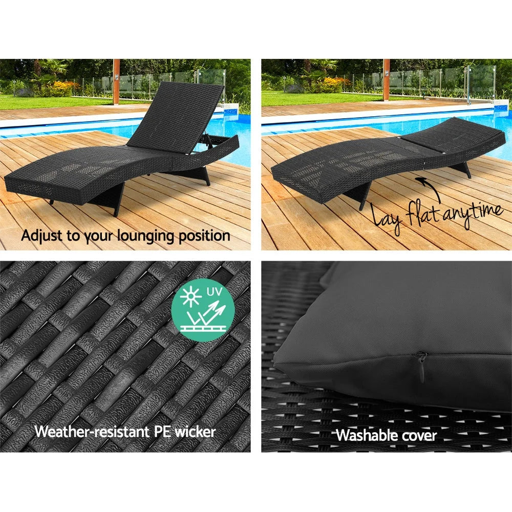 Black wicker outdoor sun lounge with Adirondack lounge chair and slatted seat