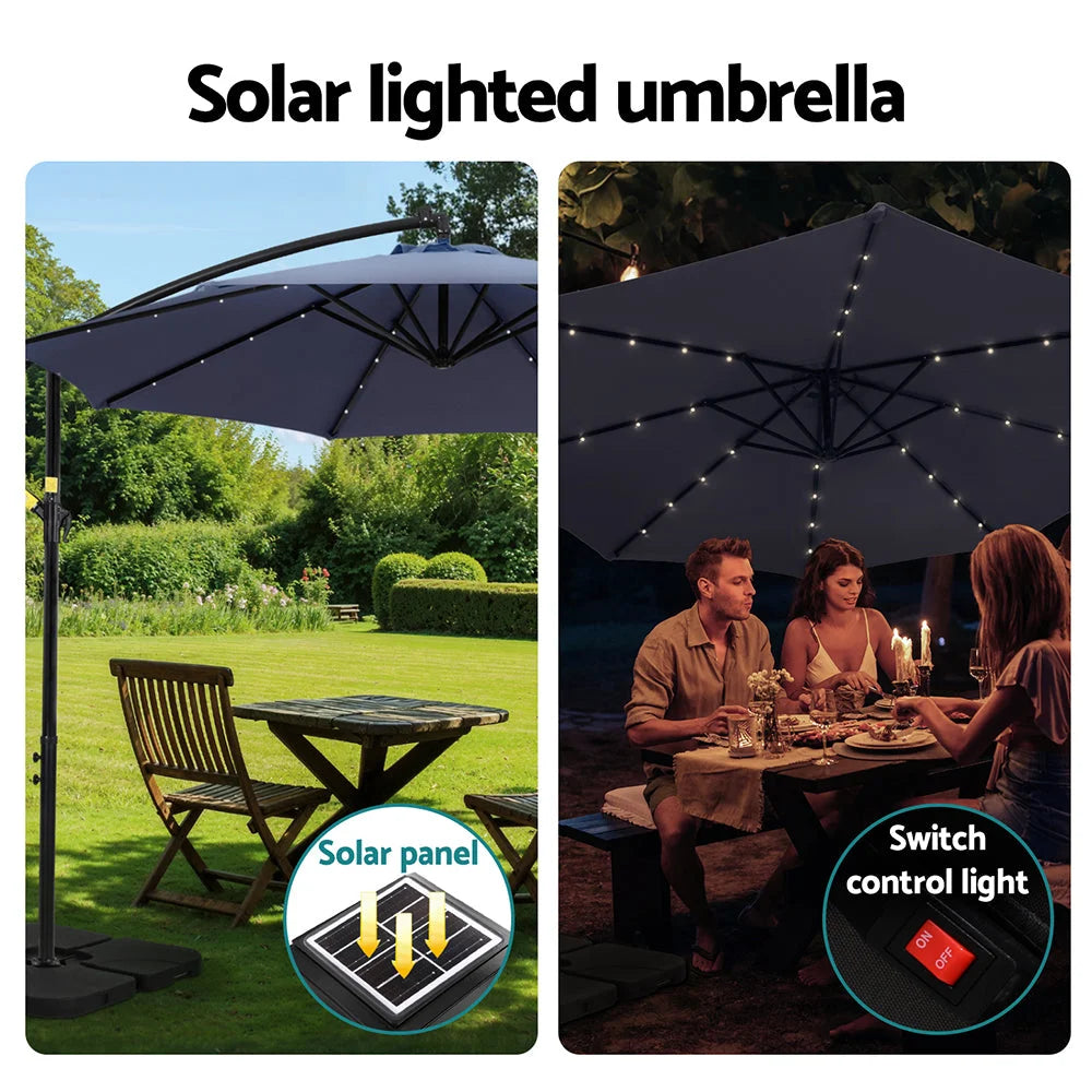 Outdoor Umbrella 3M Cantilever Beach LED with Base - Garden