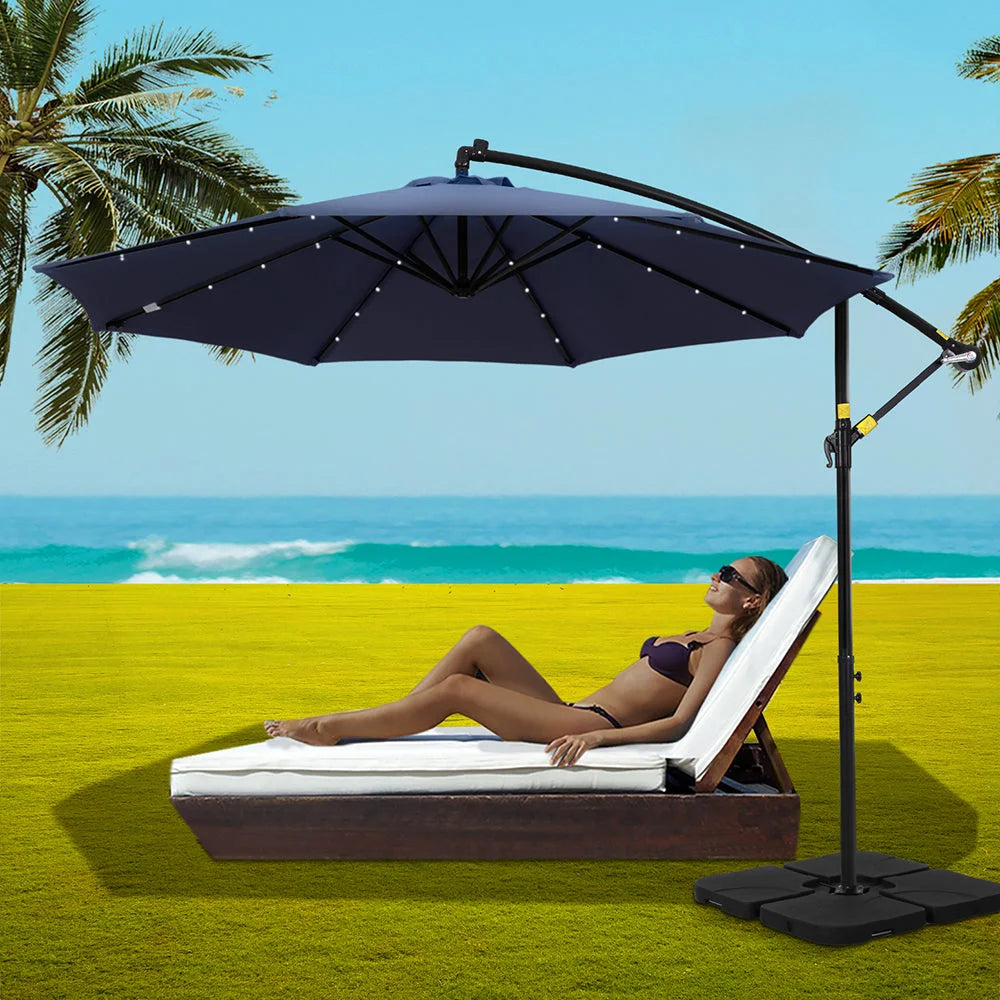 Outdoor Umbrella 3M Cantilever Beach LED with Base - Garden