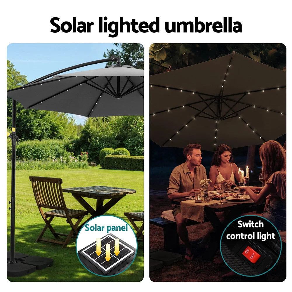 Outdoor Umbrella 3M Cantilever Beach LED with Base - Garden