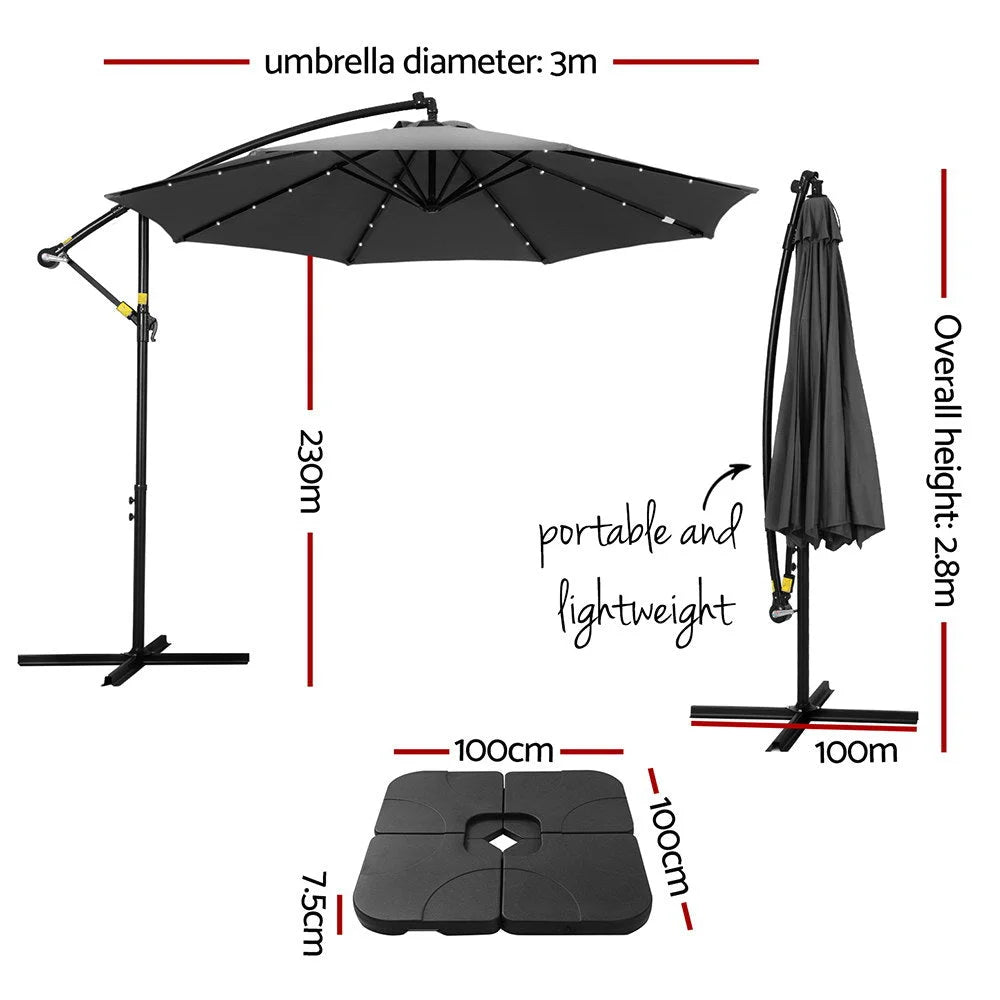 Outdoor Umbrella 3M Cantilever Beach LED with Base - Garden