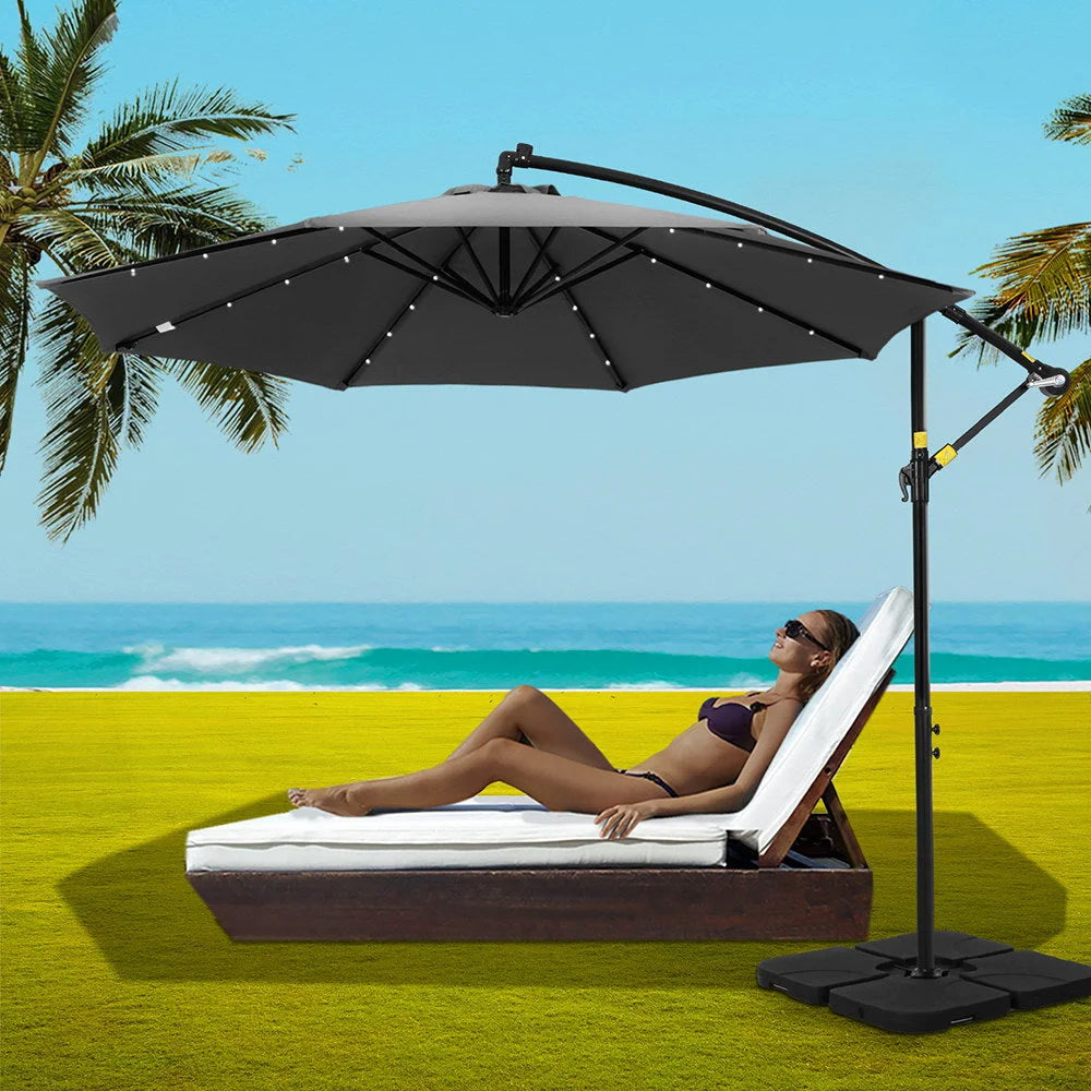 Outdoor Umbrella 3M Cantilever Beach LED with Base - Garden