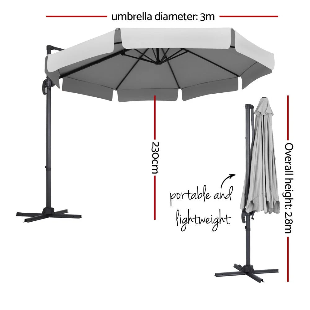 Outdoor Umbrella 3M Cantilever Beach Roma - 360° Tilt Grey