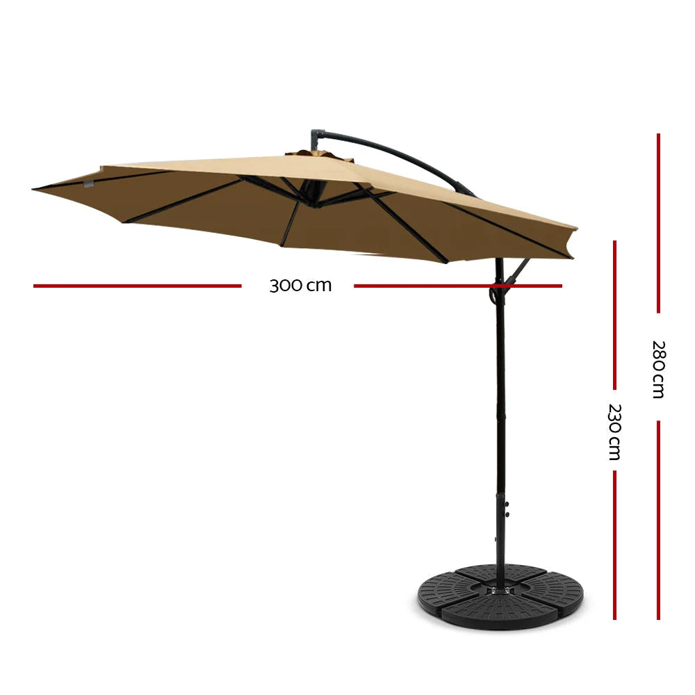 Beige 3m outdoor umbrella base with display setup and product form