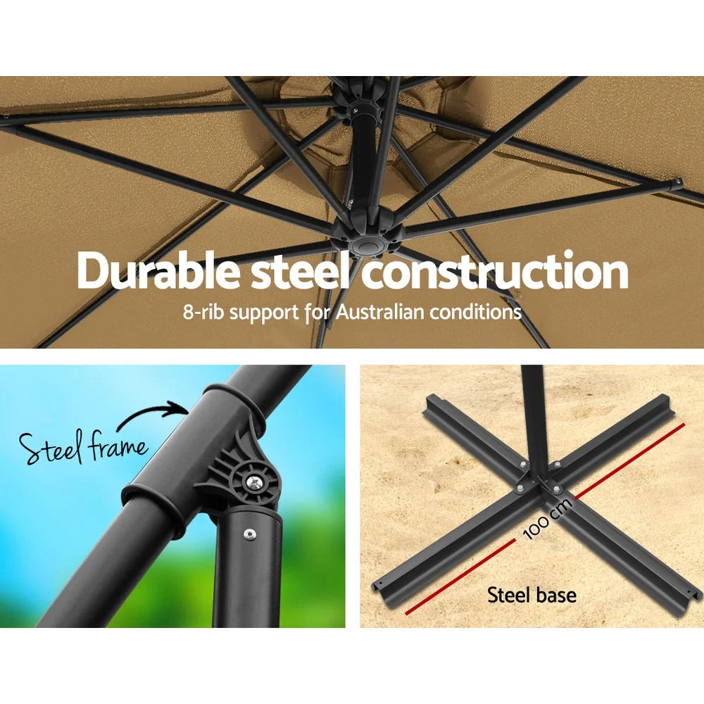 Beige 3m outdoor umbrella base with useful parts and product scale