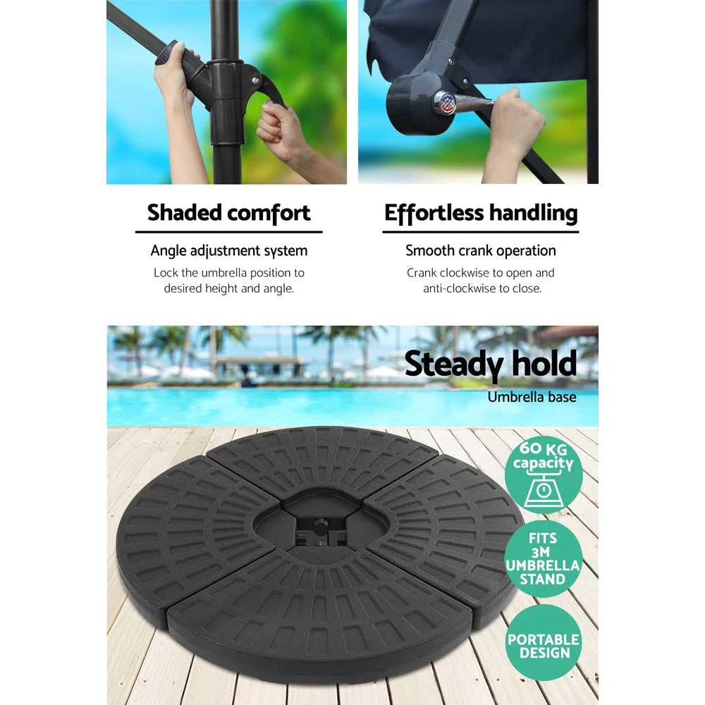 Outdoor umbrella base with shape details and included parts