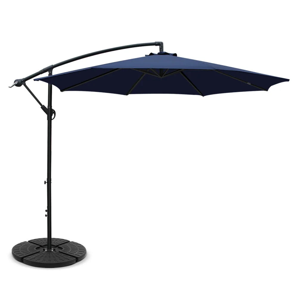 Navy 3m outdoor umbrella base with storage context and item proportions