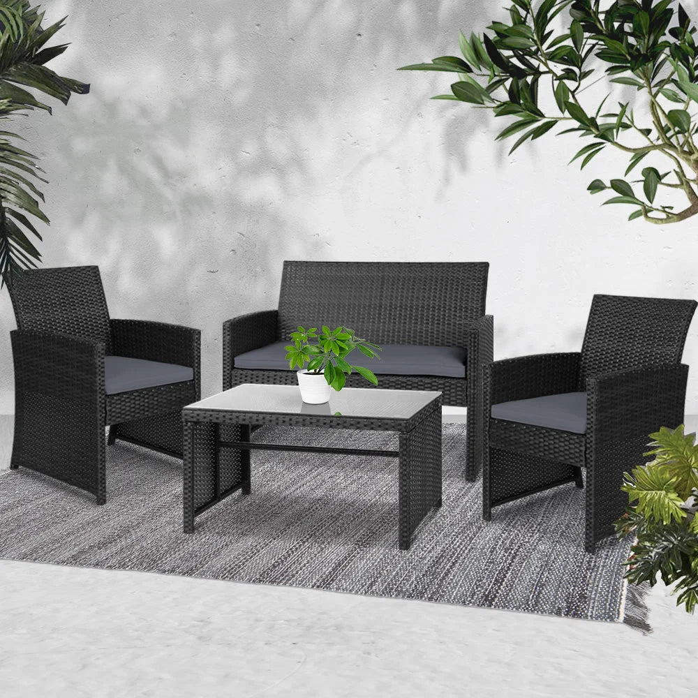 Outdoor Wicker Chairs & Table (Set of 4) Black - Outdoor