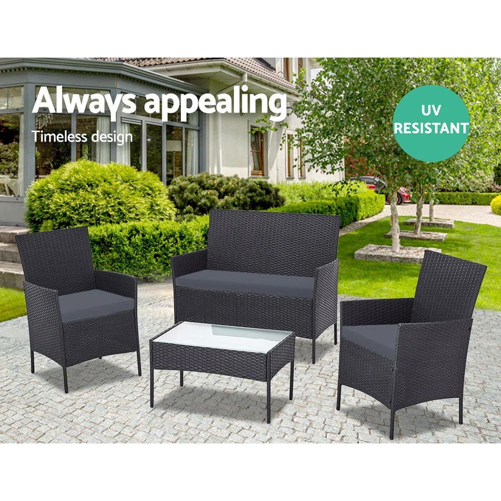 Outdoor Wicker Chairs & Table (Set of 4) Black - Outdoor