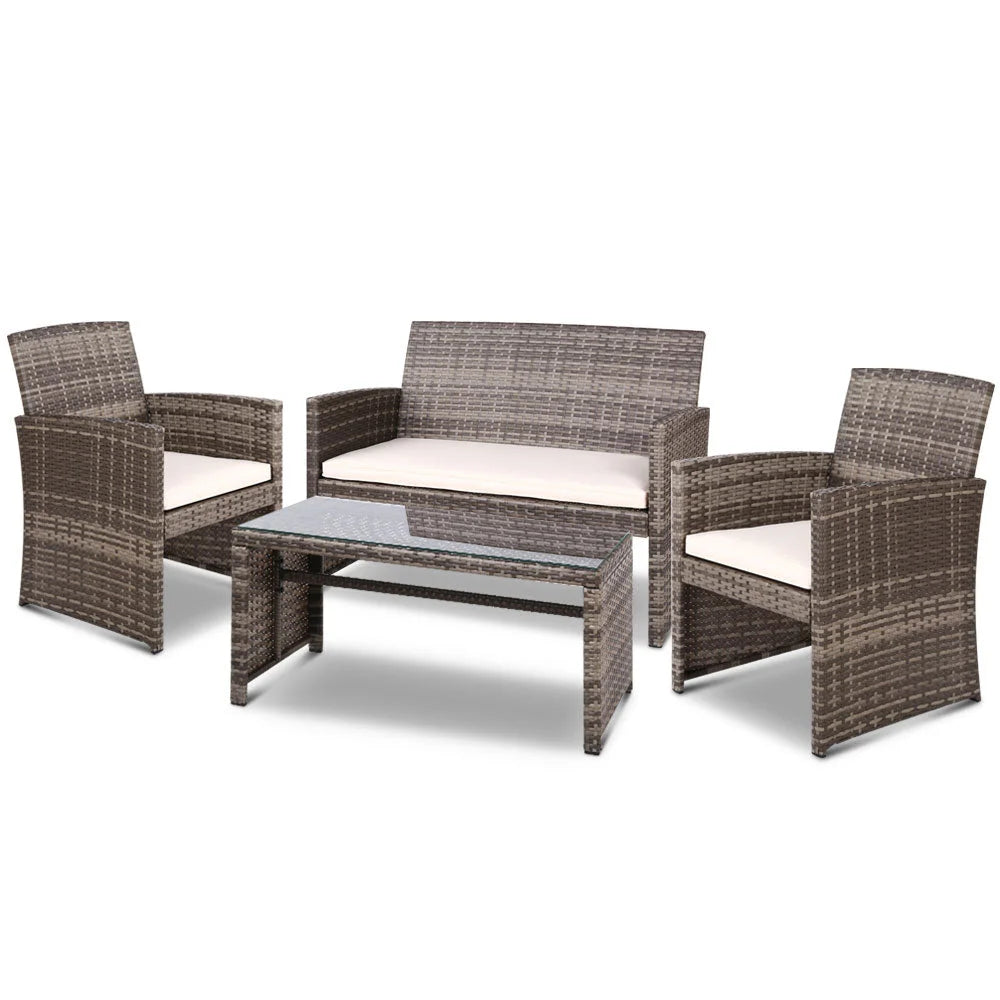 Grey wicker rattan table with outdoor chairs outdoot