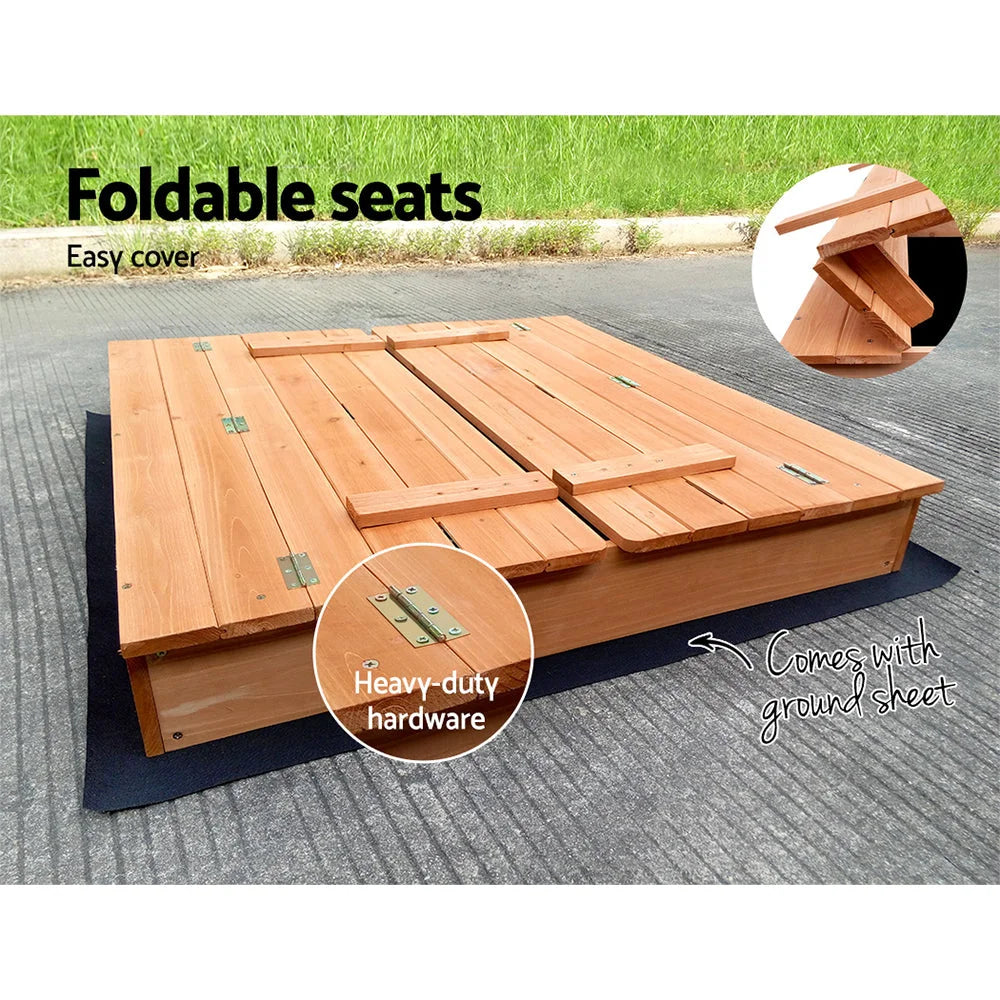 Outdoor sandpit set with storage shelves and support legs
