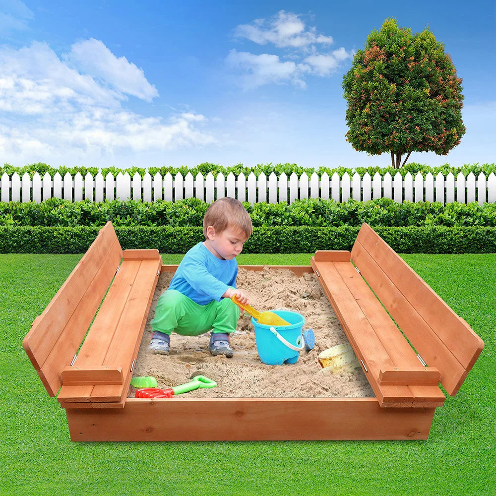 Outdoor sandpit set with caster wheels and side handle rail