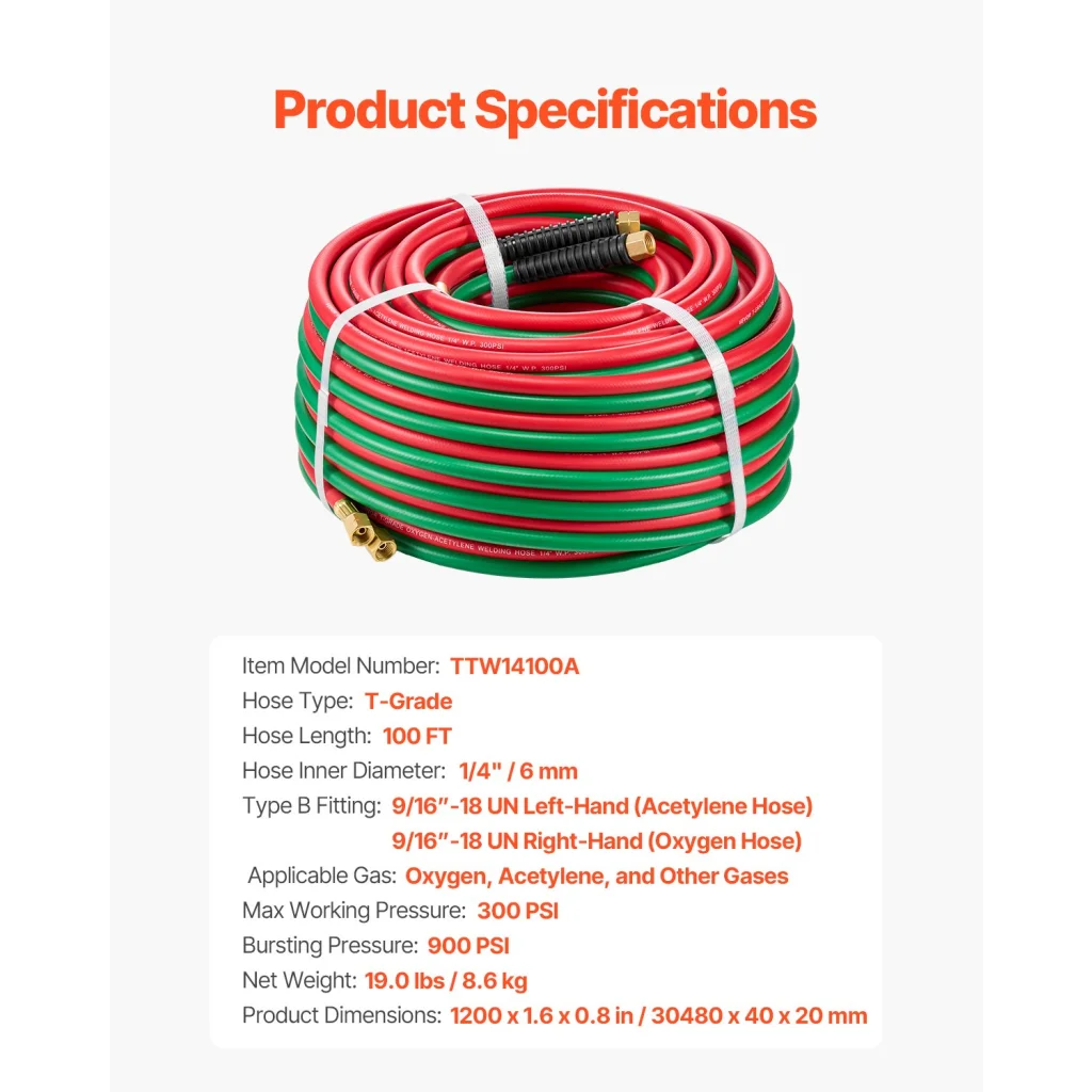 Oxygen Acetylene Hose 1/4-Inch x 100FT T Grade Hose 300PSI