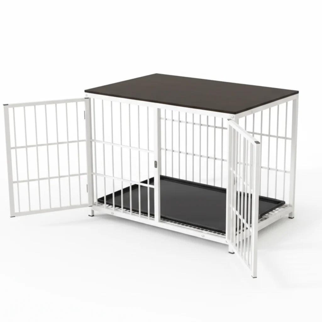 P&P White Walnut Wooden Dog Crate with 3 Doors Tray