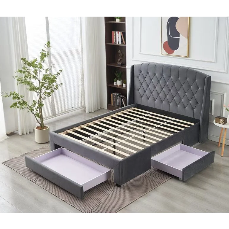 Paris Tall Tufted Velvet Dark Grey Bed with Storage Drawer