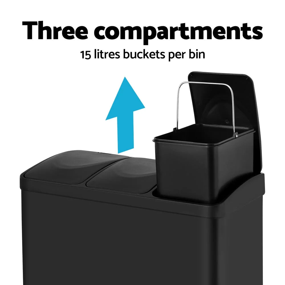 Pedal Bins Triple Compartment Waste Recycle Dustbins 45L
