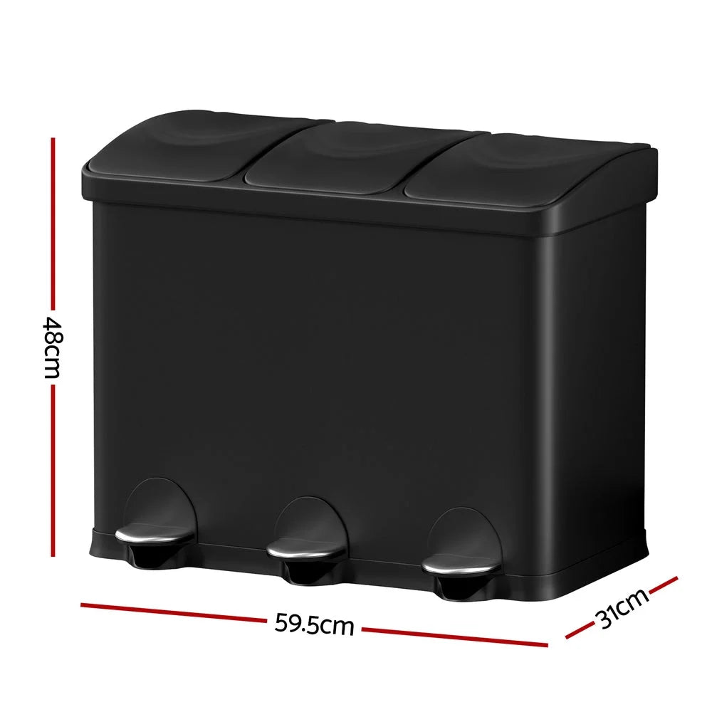 Pedal Bins Triple Compartment Waste Recycle Dustbins 45L