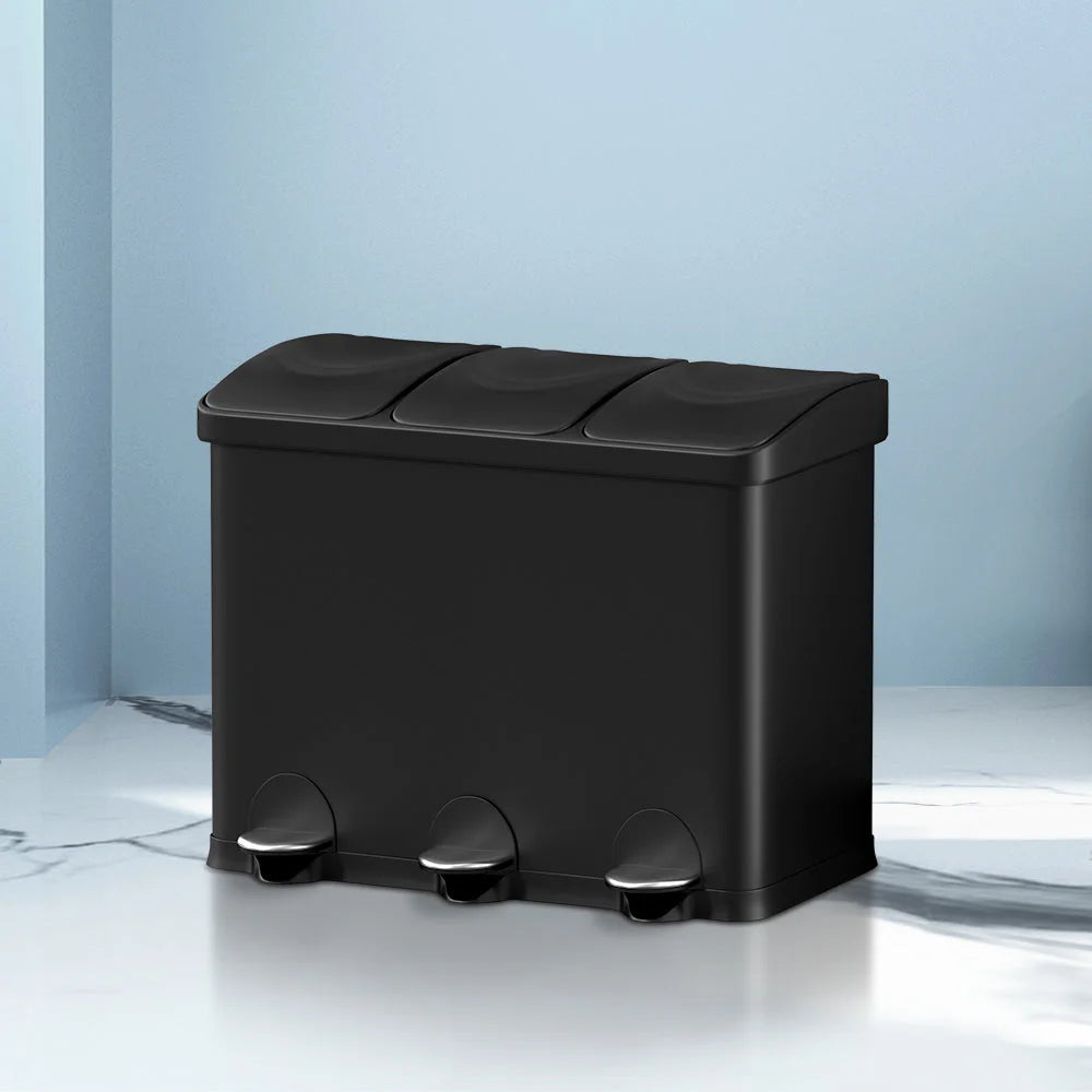 Pedal Bins Triple Compartment Waste Recycle Dustbins 45L