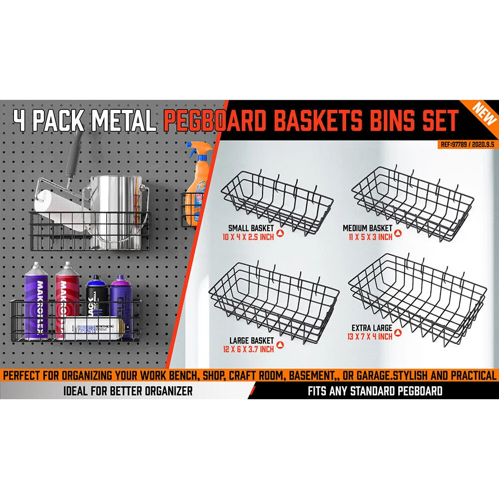 Pegboard Baskets Set 4Pc Storage Bins Organizer Display