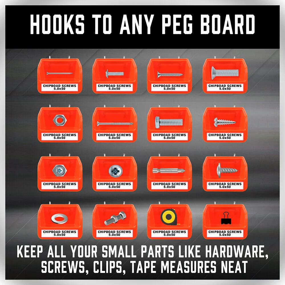 Pegboard Bins Storage Parts 16Pc Steel Hooks Tools