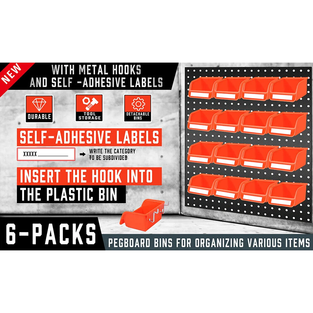 Pegboard Bins Storage Parts 16Pc Steel Hooks Tools