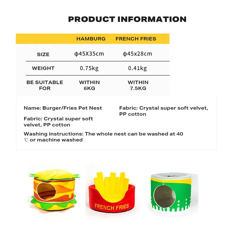 Pet Bed Washable Hamburger for Cats and Dogs - Pet Care