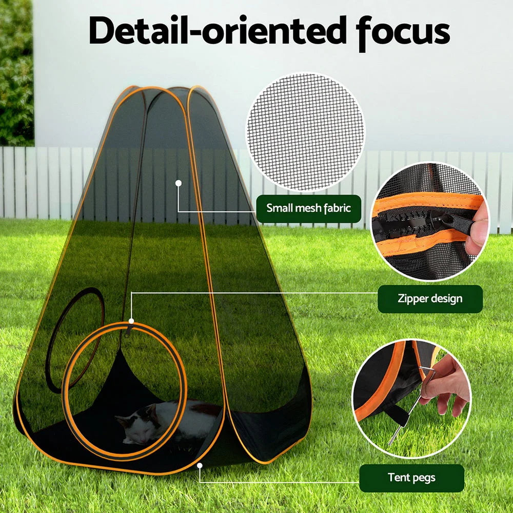 Pet playpen tent with component details and storage context