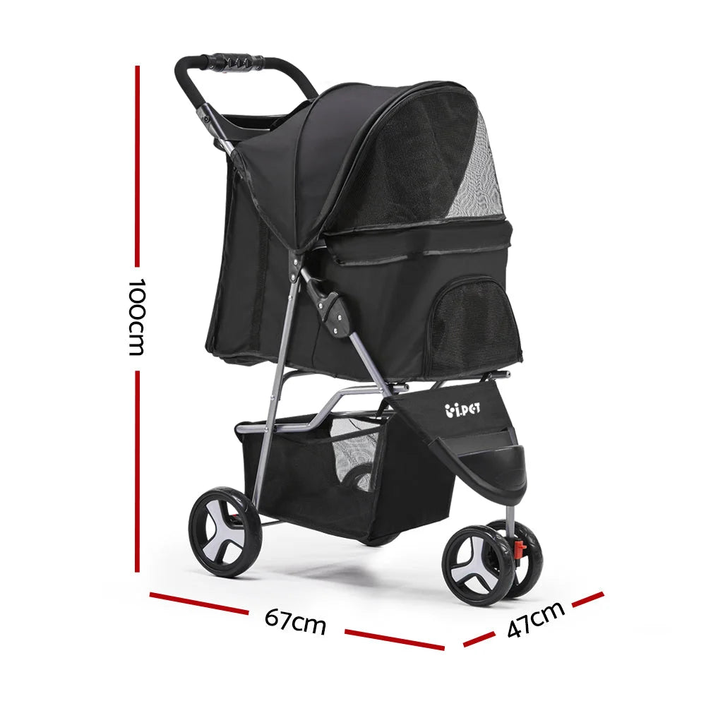 Pet Stroller 3-Wheel - Black - Cat Supplies