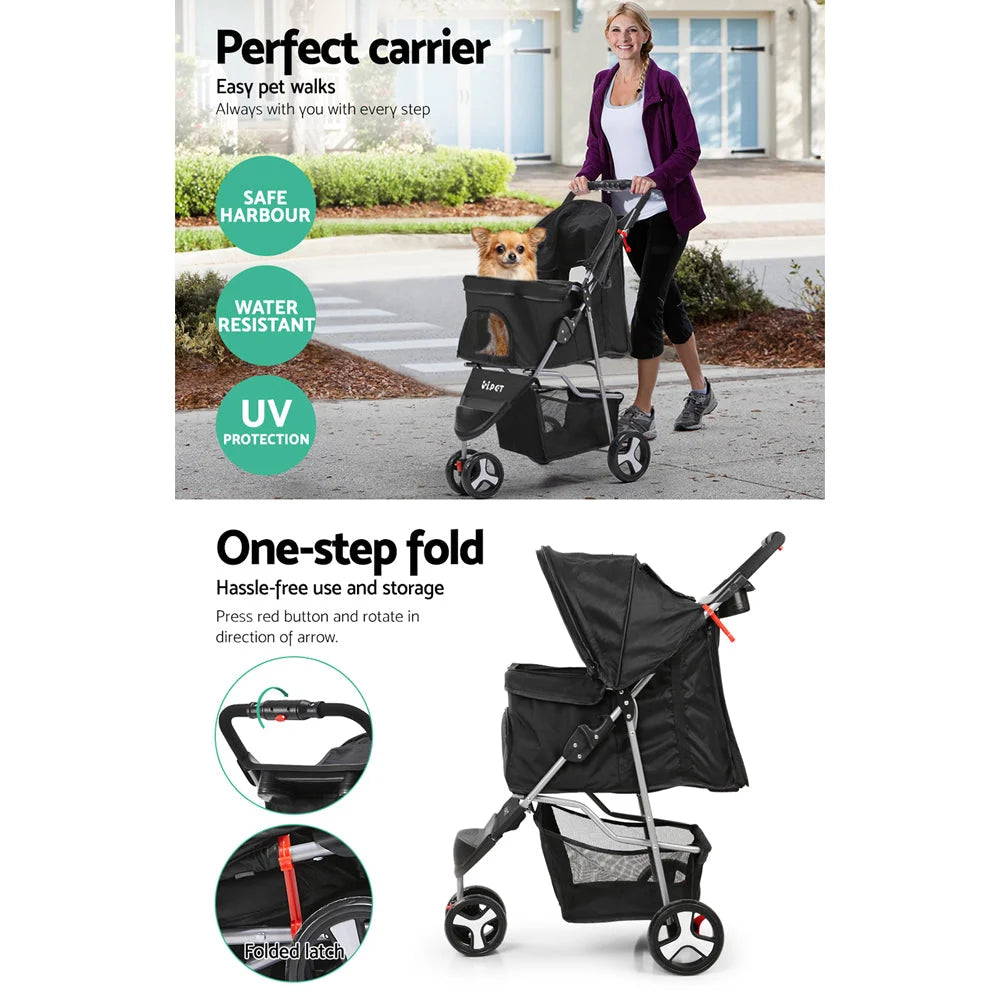 Pet Stroller 3-Wheel - Black - Cat Supplies