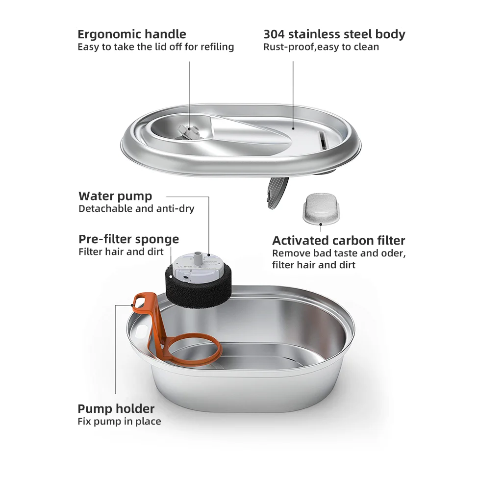 Pet Water Fountain 2L Automatic Dog Cat Stainless Steel