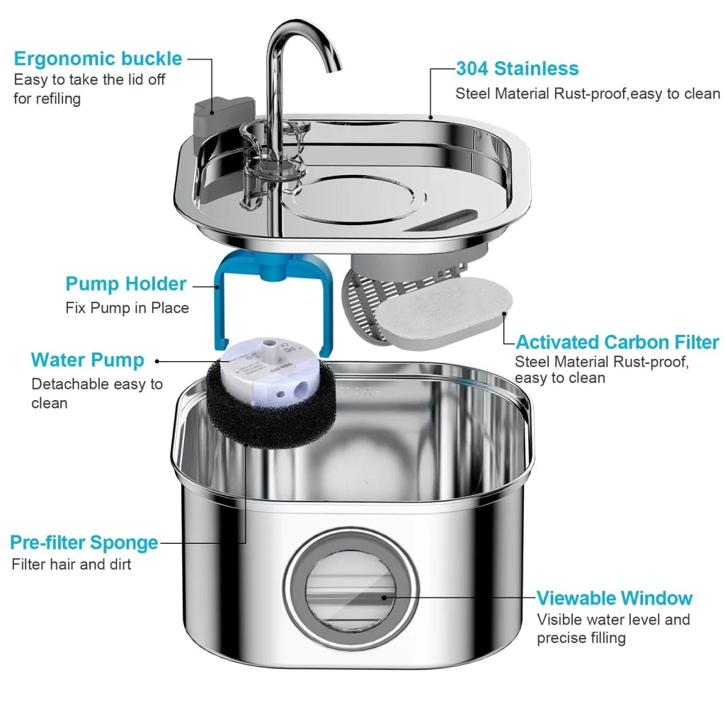 Pet Water Fountain 3.2L Automatic Dog Cat Stainless Steel