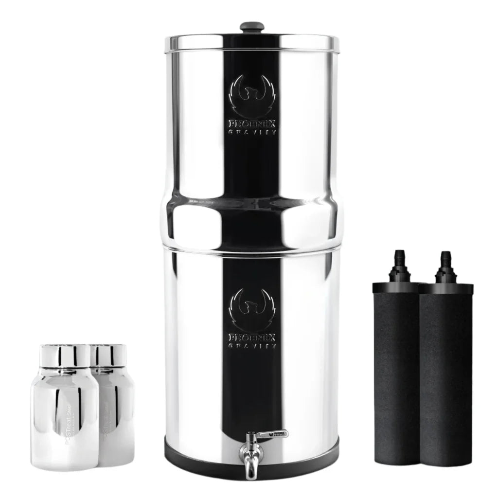 Steel 8l water filter cartridge with inline cartridge body and connector ends