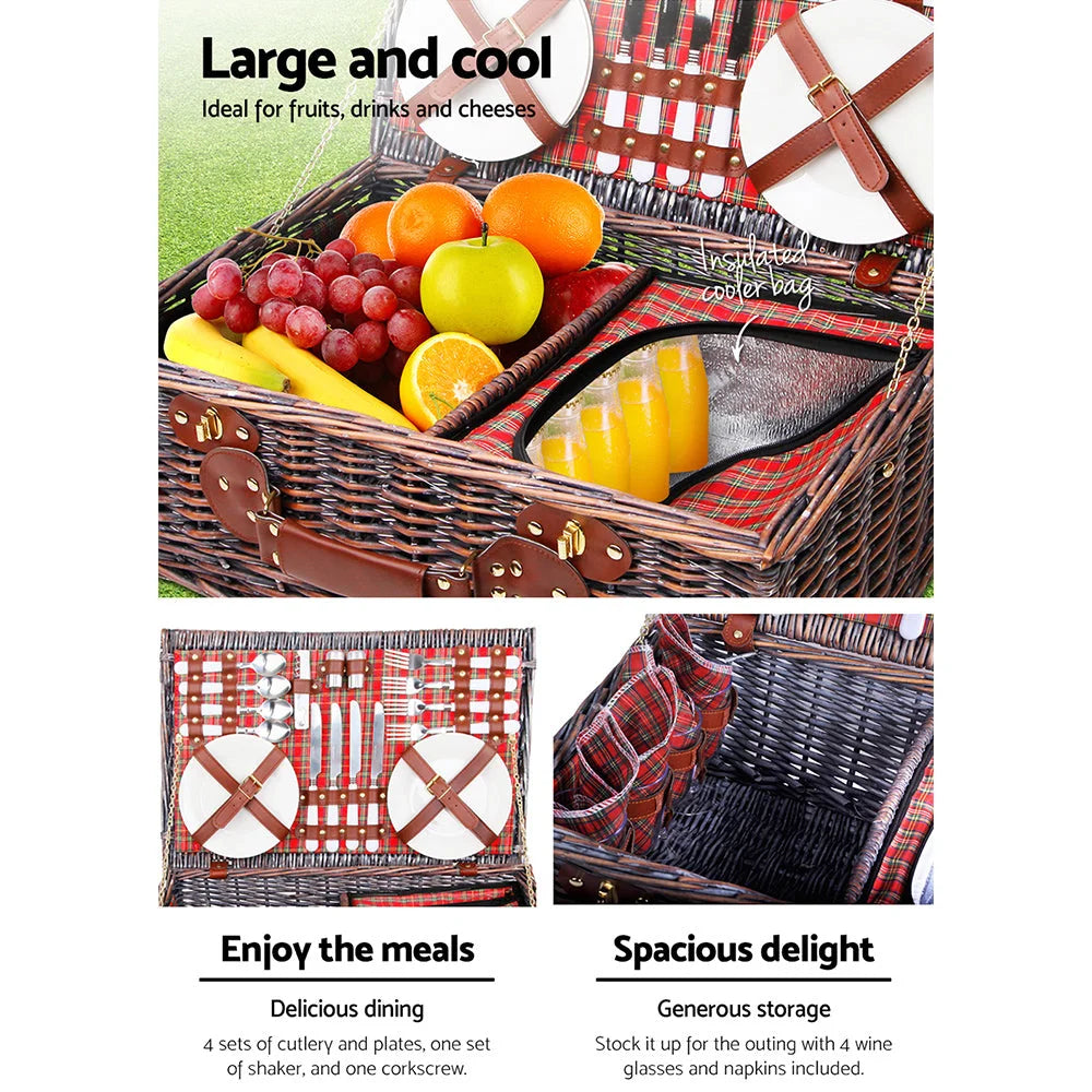 Picnic Basket 4-Person Red Handle Outdoor Corporate Blanket