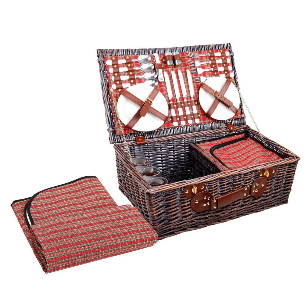 Picnic Basket 4-Person Red Handle Outdoor Corporate Blanket