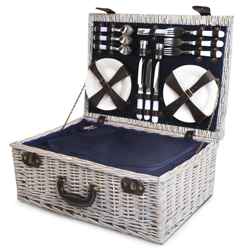 Picnic Basket Cooler Bag 6-Person Wicker PU Fastening