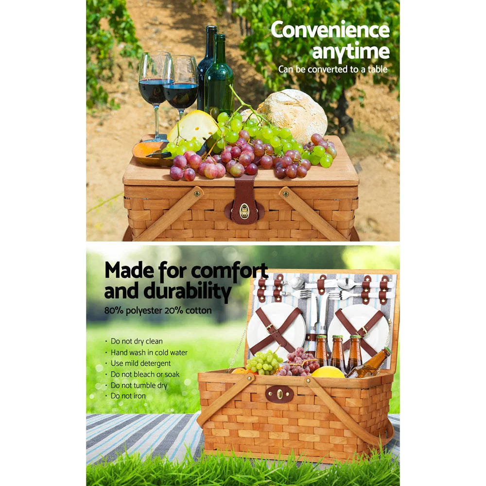 Picnic Basket Set 4 Person Wooden Blanket Bag Insulated