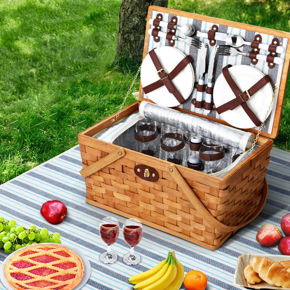 Picnic Basket Set 4 Person Wooden Blanket Bag Insulated