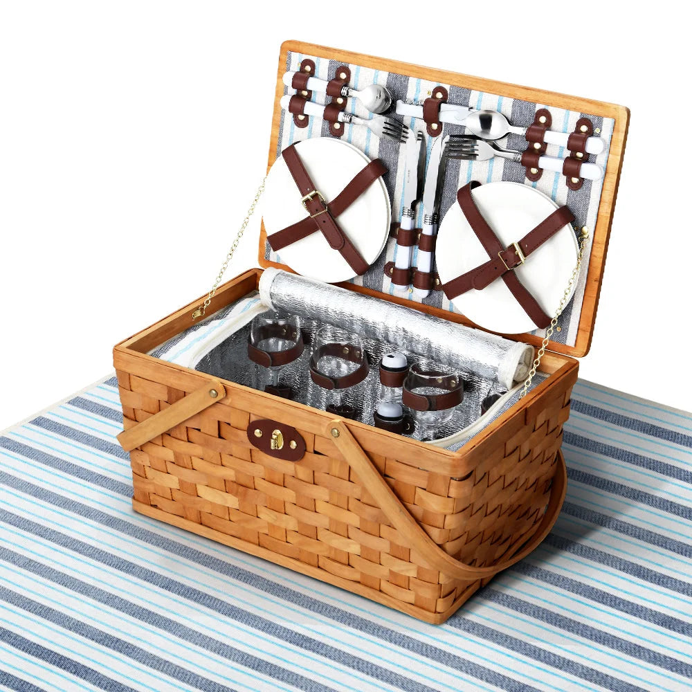 Picnic Basket Set 4 Person Wooden Blanket Bag Insulated