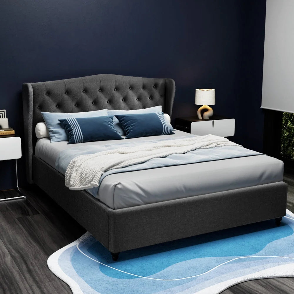 Pier Bed Frame Fabric - Charcoal Queen - Bedroom