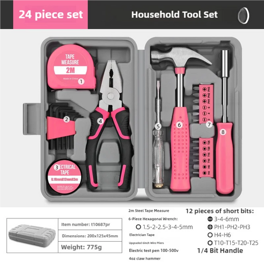 Pink 24-Piece Household Tool Set Complete Home Repair Kit