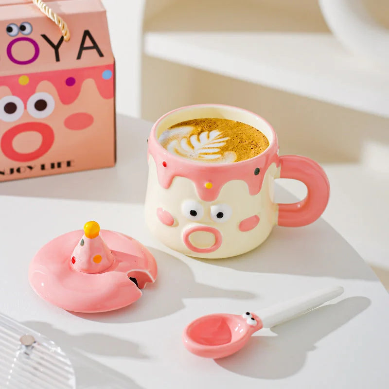 Pink Adorable Cartoon Character Ceramic Mug Set