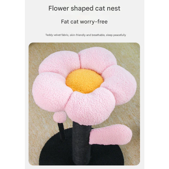 Pink and Black Adorable Flower Cat Tree - Plush Perch Sisal