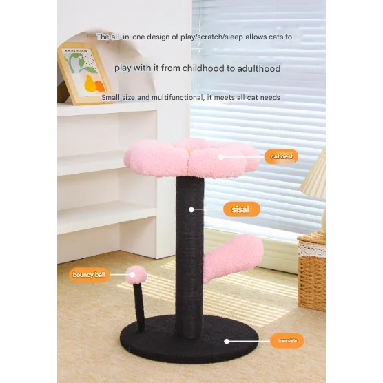 Pink and Black Adorable Flower Cat Tree - Plush Perch Sisal